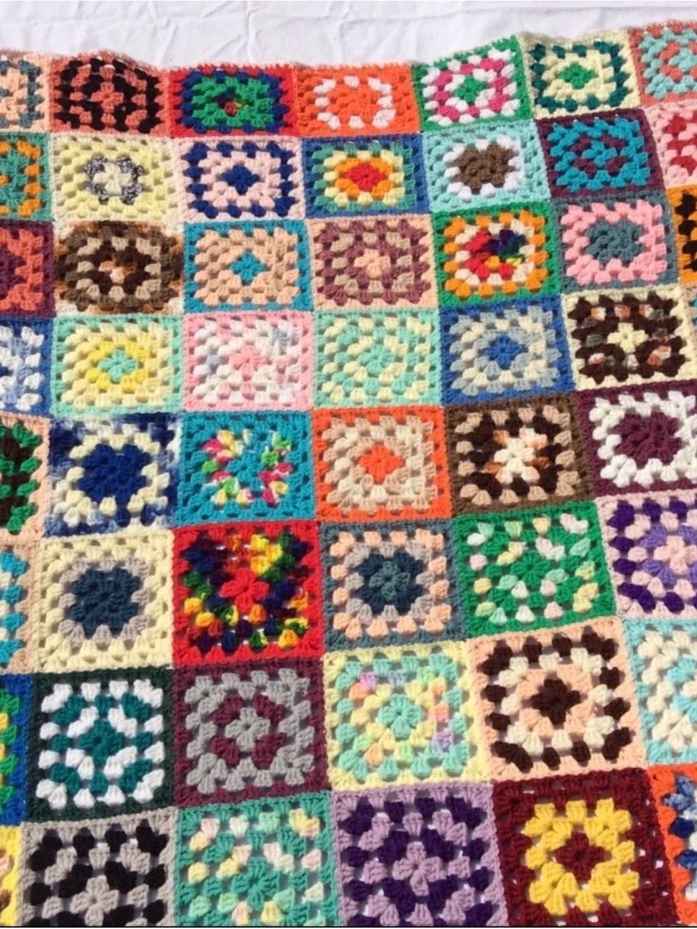 Vintage Handmade Colorful Crochet Granny Square Blanket
